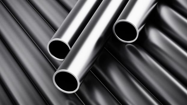 Large group of steel tubes. 3D illustration.