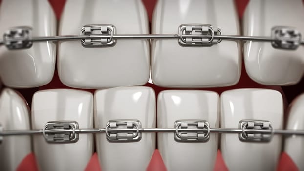 Illustration showing dental braces on straight teeth. 3D illustration.