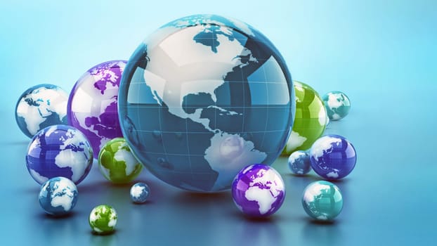 Stack of shiny globes isolated on blue background. 3D illustration.