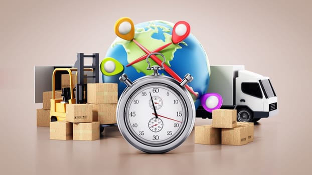 Global transportation concept with cargo boxes, chronometer,truck and globe. 3D illustration.