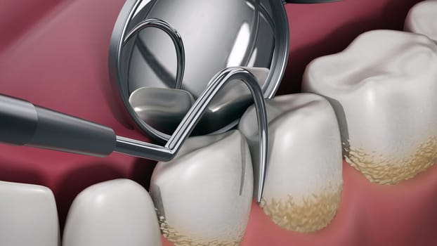 3D illustration showing dentist tools and dental plaque on model. 3D illustration.