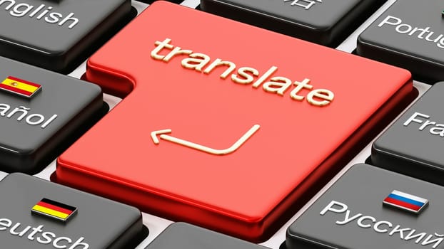 Translate word on enter key in a keyboard with country flags. 3D illustration.
