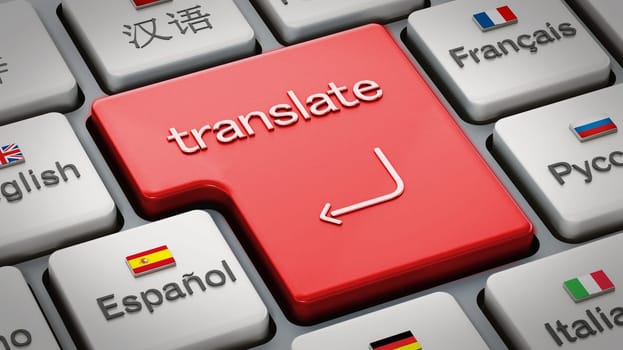 Translate word on enter key in a keyboard with country flags. 3D illustration.
