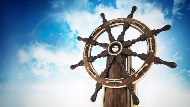 Ship wheel against blue sky background. 3D illustration.