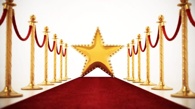 Golden star standing on the red carpet with velvet ropes and stanchions. 3D illustration.
