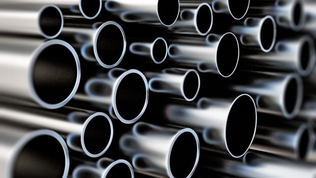 Large group of steel tubes. 3D illustration.