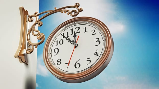 Vintage wall clock against blue sky. 3D illustration.