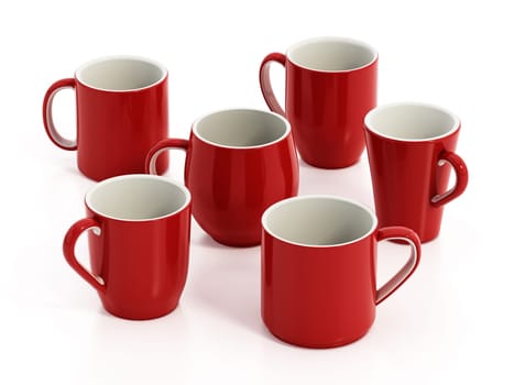 Red and white coffee mugs isolated on white background. 3D illustration.