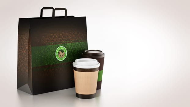 Take away coffee cup and paper bag isolated on white. 3D illustration.