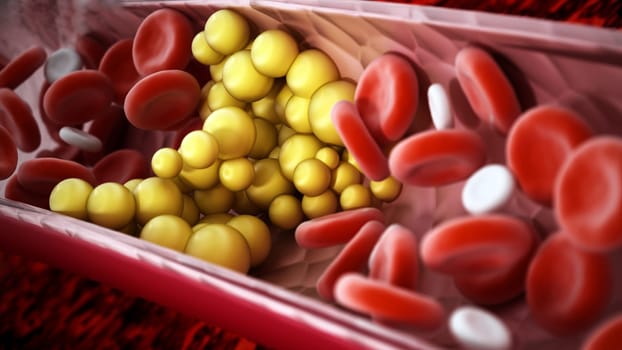 Fat cells blocking the blood flow inside human vein. 3D illustration.