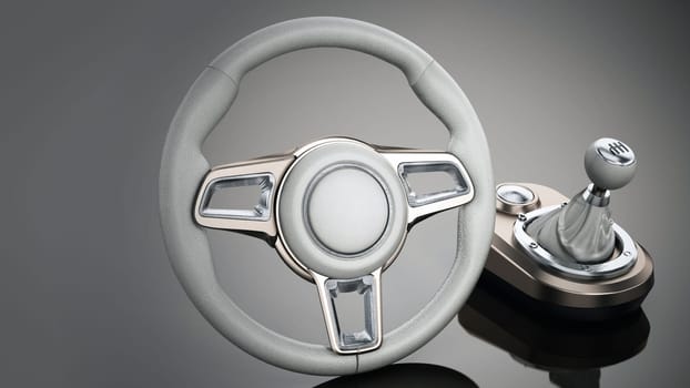Generic steering wheel and gearbox. 3D illustration.