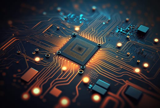 Glowing neon circuit board CPU chip tech background. Generative AI design