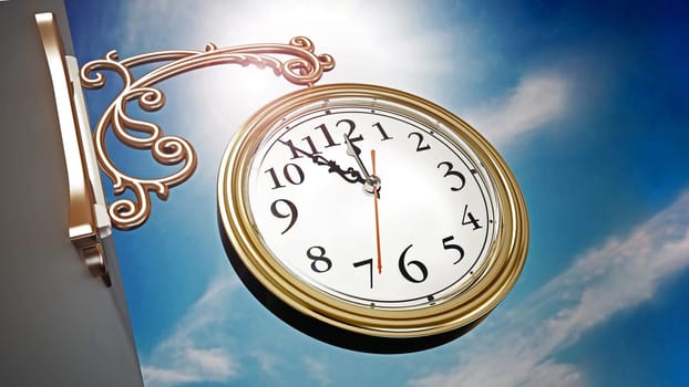 Vintage wall clock against blue sky. 3D illustration.