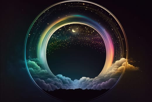 Neon holographic circle in night starry cloudy sky. Generative AI design