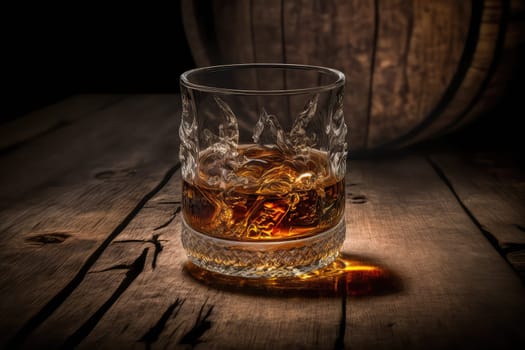 Glass of whiskey on wooden background. Generative AI design