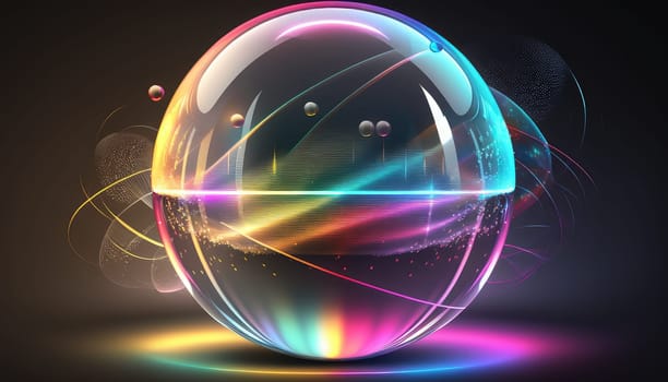 Holographic neon glass 3d sphere abstract background. Generative AI design