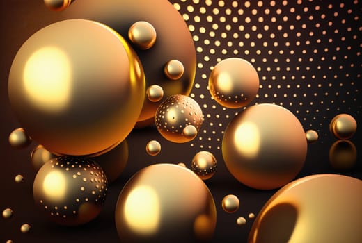 Golden glossy 3d spheres abstract background. Generative AI design