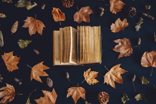 Vintage book and autumn maple leaves on dark background from above. Autumnal nature pattern and literature creative concept. Flat lay. Fall season art composition wallpaper.