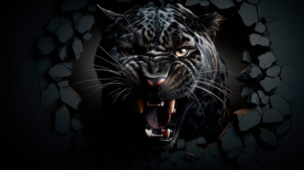 Angry panther breaking the wall. Panther looking out of a hole in the wall. AI generated