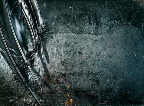 Halloween background with black raven feathers on dark grunge backdrop. Horror gothic abstract design with copyspace. Closeup of bird wing texture.