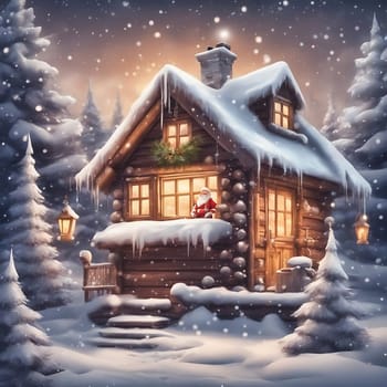 Santa Claus in front of a snowy house. Christmas tree and gifts in the snow. Winter landscape at Christmas. AI generated image