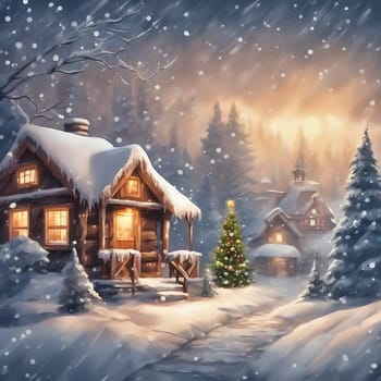 Santa Claus in front of a snowy house. Christmas tree and gifts in the snow. Winter landscape at Christmas. AI generated image