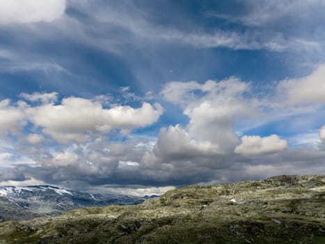 typical landscape in norway with high snow covered mountains