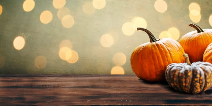 Autumn pumpkins still life on vintage wooden table and rustic background. Thanksgiving family dinner greeting card design. Halloween pumpkin decoration border. Holiday festival concept.