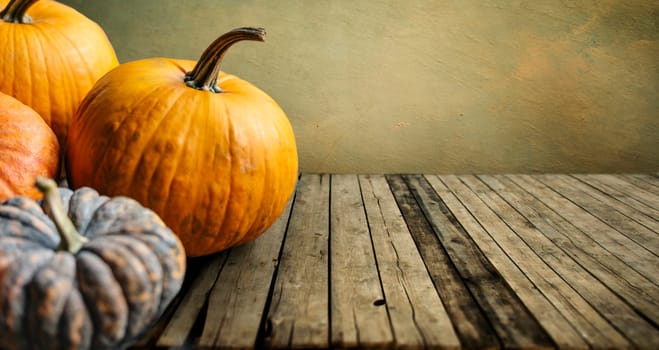 Autumn pumpkins still life on vintage wooden table and rustic background. Thanksgiving family dinner greeting card design. Halloween pumpkin decoration border. Holiday festival concept.