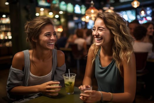 Two attractive girlfriends in a bar laughing and having fun, drinking smoothie