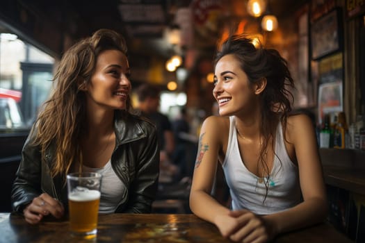Two attractive girlfriends in a bar laughing and having fun, drinking beer