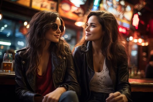 Two attractive girlfriends in a bar laughing and having fun