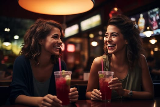 Two attractive girlfriends in a bar laughing and having fun, drinking smoothie