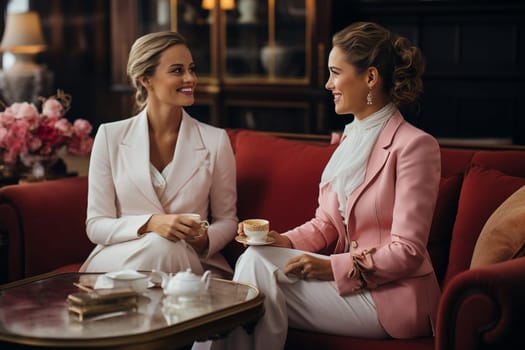 Two young rich woman sitting in a loungearea, drinking coffee and talking with each other