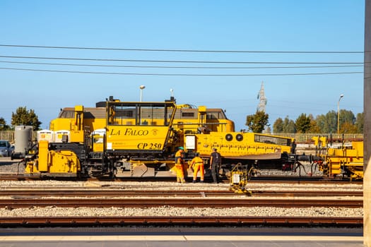 MILAZZO, SICILY, Italy - 03 October 2023. La Falco CP500 at the railway station in Milazzo is a ballast regulator machine. It is suitable for use as a towing locomotive.