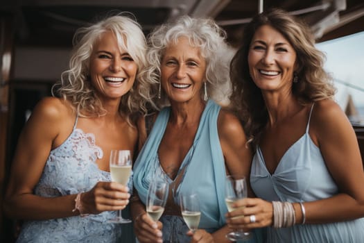 Three happy middle aged woman together on a boattrip in summer with nice summer dresses