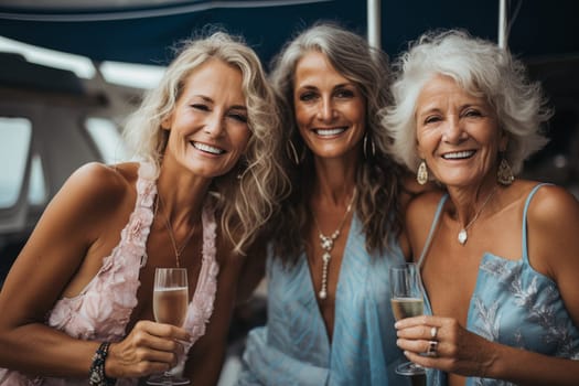 Three happy middle aged woman together on a boattrip in summer with nice summer dresses