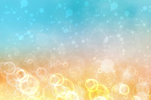 Abstract gradient light blue turquoise yellow shiny blurred background texture with circular bokeh lights. Beautiful backdrop. Space for design.