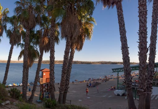 Orellana, Spain - August 4th, 2023: Costa Dulce de Orellana, unique inland beach in Spain awarded with the Blue Flag, Badajoz, Spain