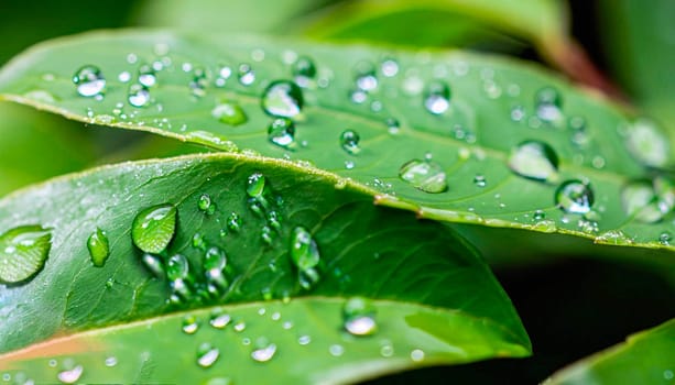 raindrops on fresh green leaves on a black background. Macro shot of water droplets on leaves. Waterdrop on green leaf after a rain.