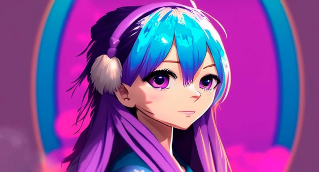 Exquisite facial features cartoon anime blue purple hair beautiful girl avatar game characte