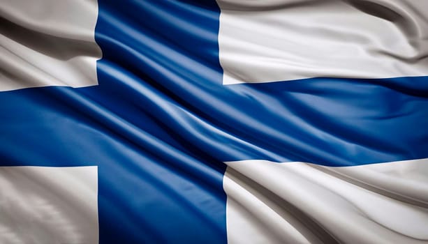 Finland flag with big folds waving close up under the studio light indoors. The official symbols and colors in fabric banner