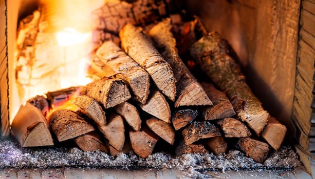 Burning firewood in fire-box of fireplace in country cottage. Rustic cooking oven with burning logs.