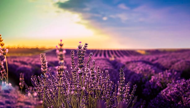 Beautiful detail of a lavender field in sunset. Useful file for your brochure,flyer site about gardening, spa, traditional medicine and cosmetic products.