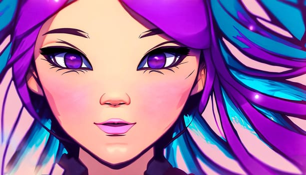The of a Exquisite facial features cartoon anime blue purple hair beautiful girl avatar game characte