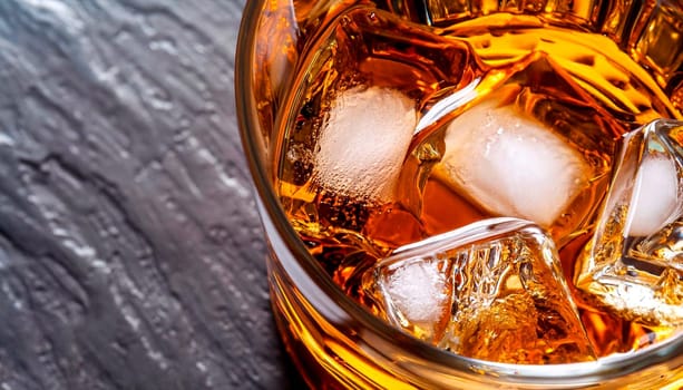 Whiskey being poured into a crystal glass. Top view. Golden liquid pouring into a glass against white background. Copy space in right part of photo.