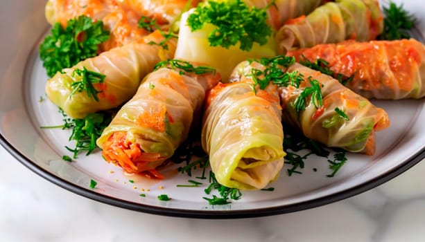 Stuffed cabbage with tomato sauce decorated with parsley