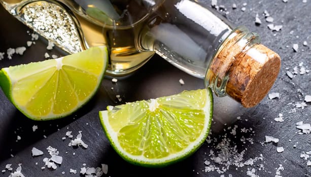 Tequila shots with lime slice and salt, top view