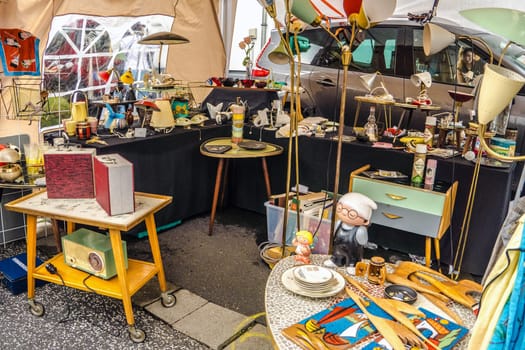 WETTENBERG, HESSE, GERMANY - 07 - 28 - 2023: Market boot with objects beeing selled at the weekend flea market