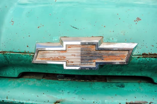 WETTENBERG, HESSE, GERMANY - 07 - 28 - 2023: Rusty APACHE 10 Truck Logo at traditional Car Show in krofdorf-Gleiberg, near Giessen, Hesse.